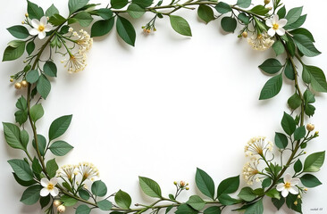 Flower and leaf frame decoration. Botanical branch, wreath, garland, border graphic design. Wildflower, herbs and plants isolated.