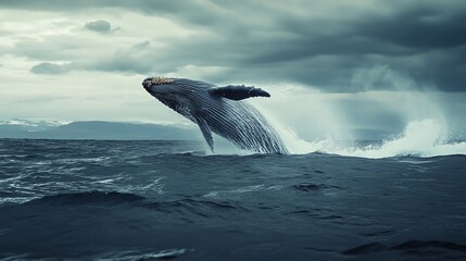 Fototapeta premium A humpback whale breaches the surface of the ocean, splashing water into the air.