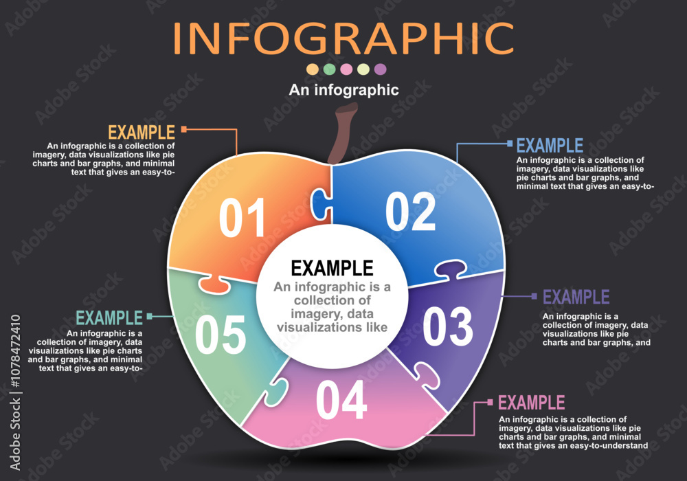 Poster apple shaped infographic vector graphic element with separated blocks showing steps for presentation