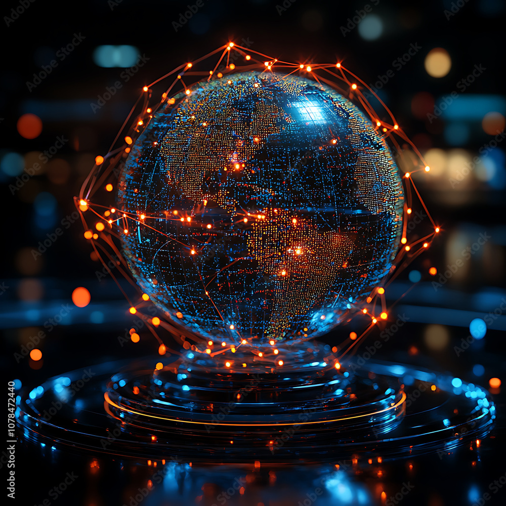 Poster 3d globe representing interconnected data points, illuminated with vibrant lights, showcasing digita