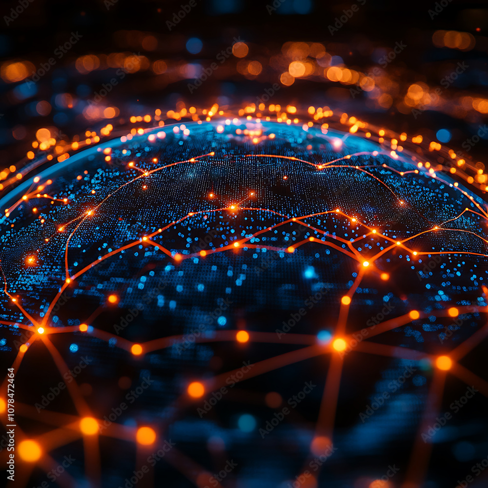 Poster 3d globe representing interconnected data points with glowing orange and blue lights, symbolizing gl