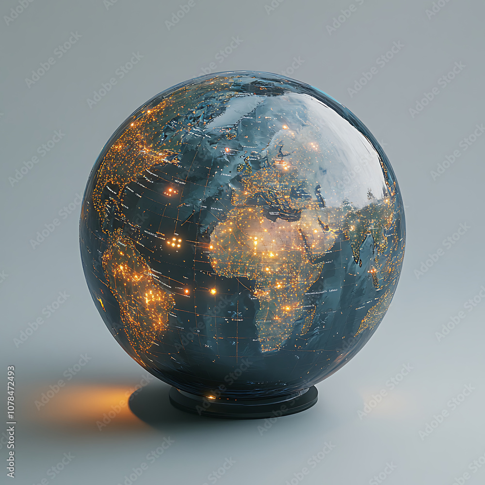 Poster 3d globe showcasing interconnected data points across continents, illuminated with vibrant lights, s