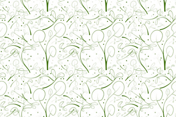 Sketch  microgreen  seeds vector illustration. Seamless pattern with young leaves seedlings. Cress raw microgreens sprouts, healthy eating concept
