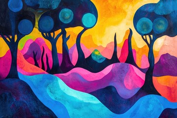 Obraz premium Abstract mountain landscape where bold colors and melting shapes create a surreal, dreamlike scene
