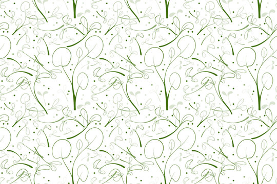 Sketch  microgreen  seeds vector illustration. Seamless pattern with young leaves seedlings. Cress raw microgreens sprouts, healthy eating concept