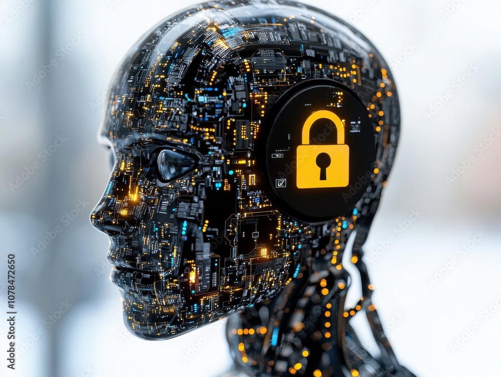 Poster explore the intricacies of a futuristic ai robot head featuring a lock symbol for enhanced security