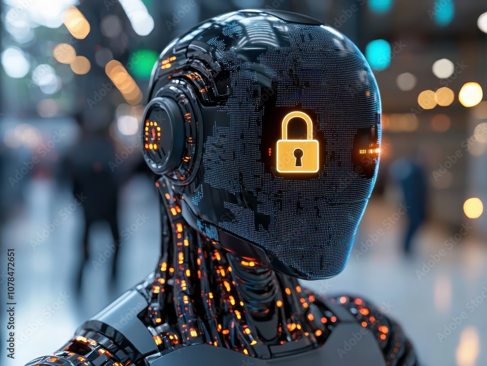 Poster explore the future of security with a futuristic ai robot head featuring a lock symbol