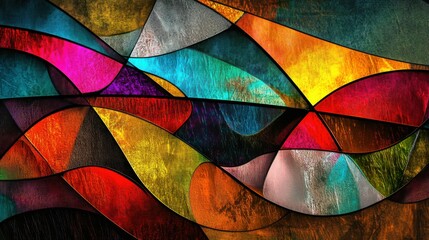 Fototapeta premium stained glass effect with vibrant colors, abstract shapes, glowing edges, digital art, rich tones, high contrast, elegant look