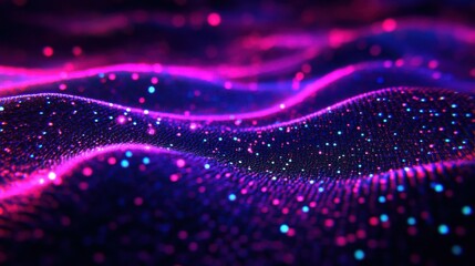 Naklejka premium colorful glowing dots on dark purple background, soft cyan and magenta lights, scattered pattern, digital art, otherworldly look, subtle glow