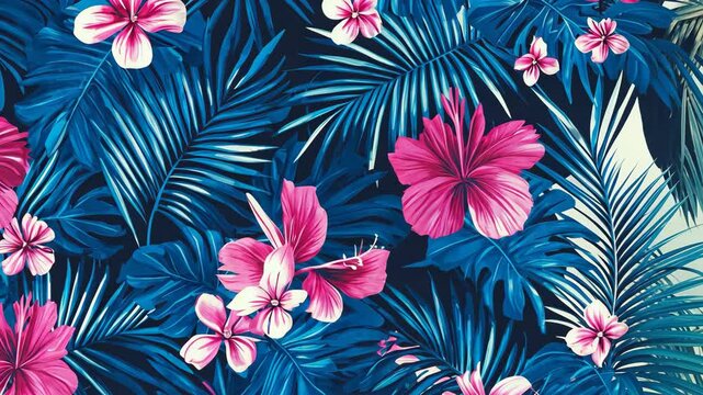 A close-up view of a tropical print featuring pink hibiscus flowers and blue palm leaves