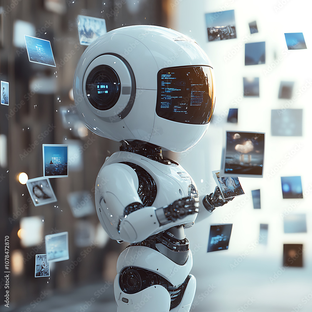 Aufkleber 3d robot curating gallery of floating images, showcasing advanced technology and creativity. scene e