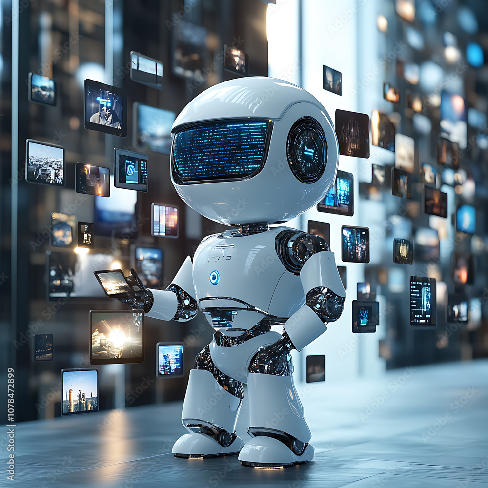 Poster 3d robot curating gallery of floating digital images, showcasing advanced technology and innovation.