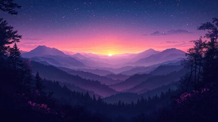 Experience the enchantment of gentle twilight with stars and watercolor clouds in a serene landscape