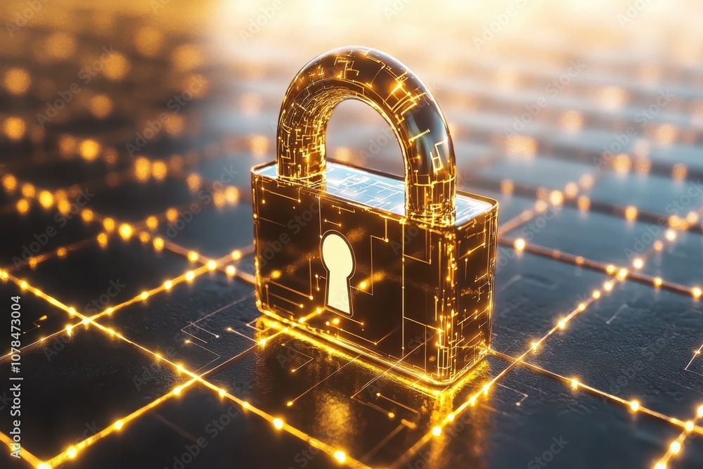Aufkleber illuminate cybersecurity with a glowing lock symbol on a digital grid for enhanced data protection
