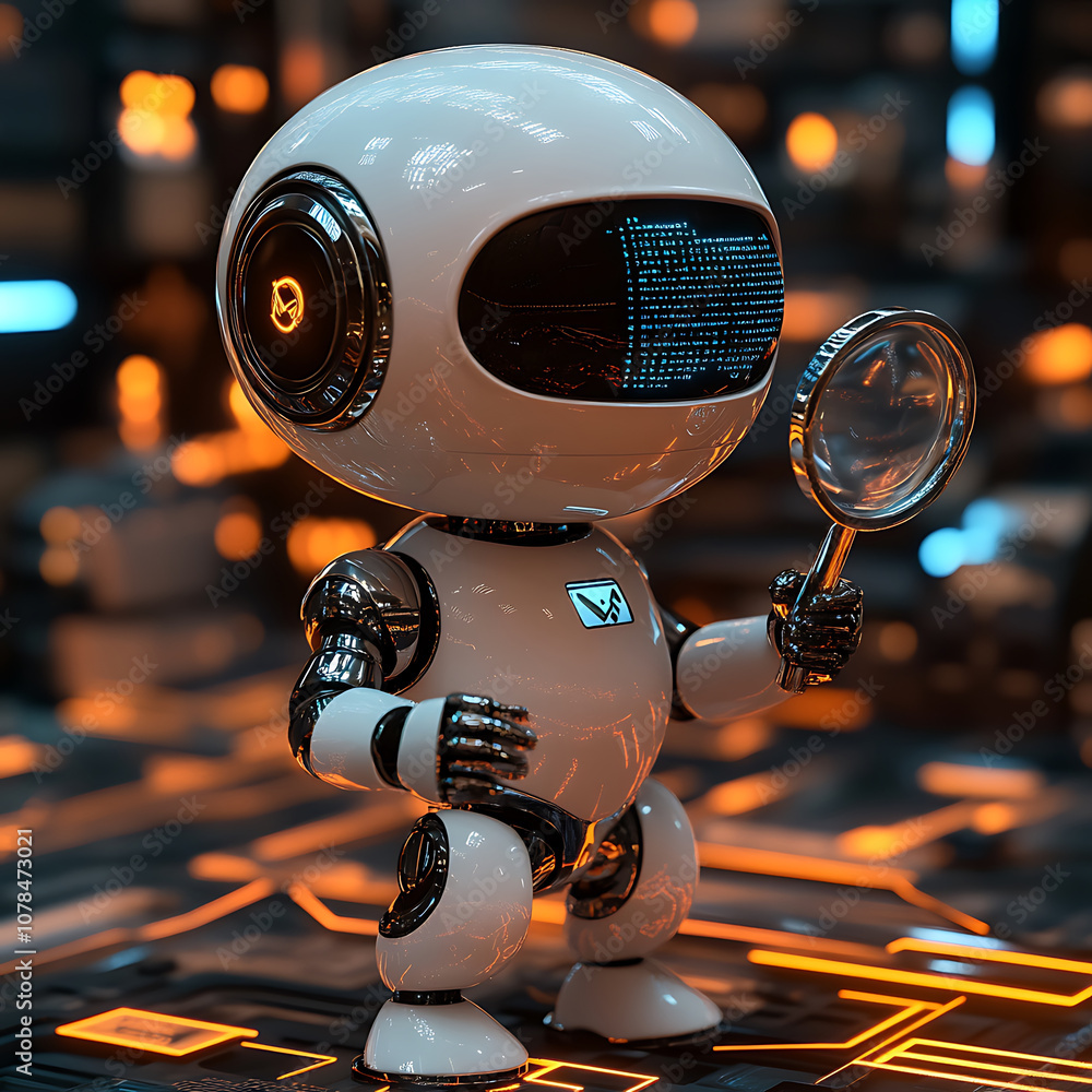 Poster 3d robot character holding magnifying glass, exploring futuristic digital environment with glowing o