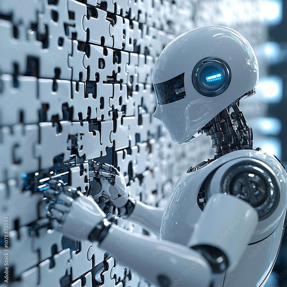 Poster futuristic robot assembling digital puzzle on high tech wall, showcasing advanced technology and inn