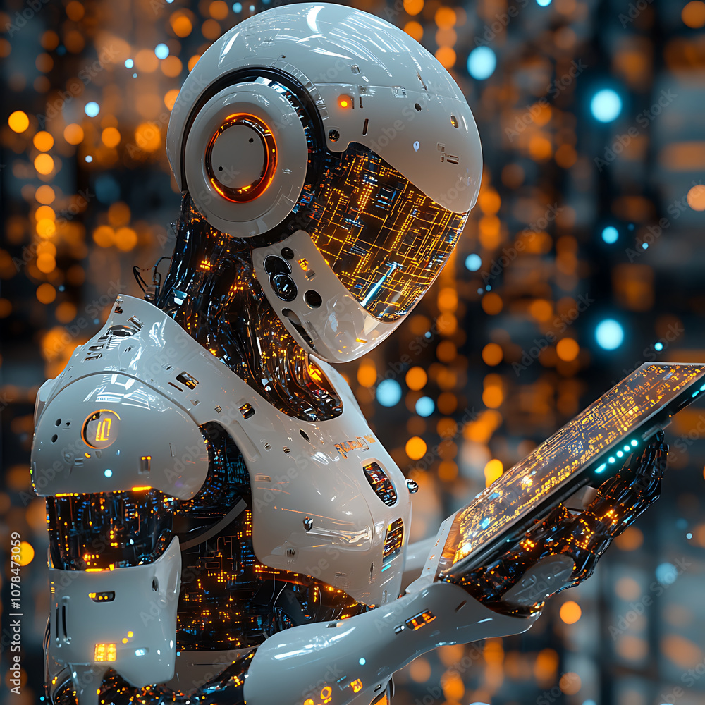 Poster futuristic robot with sleek design is reading digital tablet, surrounded by glowing data streams. sc