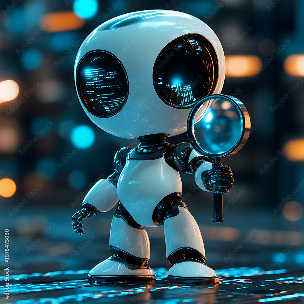Poster 3d robot character with large eyes holding magnifying glass, exploring futuristic environment. scene