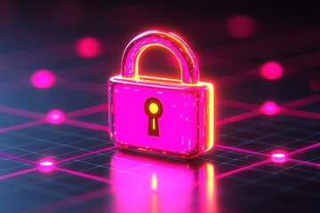 Explore the significance of the glowing lock symbol on a digital grid representing cybersecurity protection