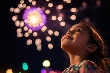 Children looks beautiful colorful holiday fireworks in the evening sky.