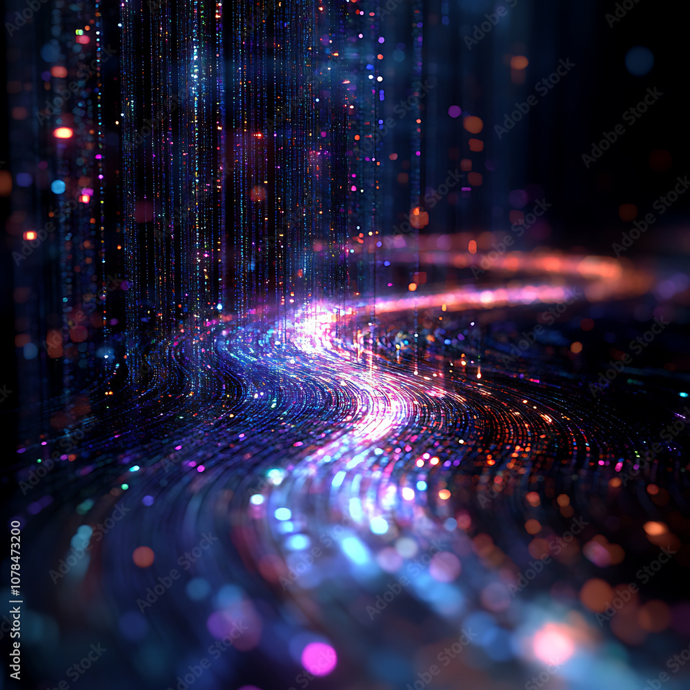 Poster mesmerizing flow of colorful data streams creates vibrant digital landscape, showcasing blend of lig