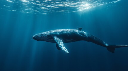 Fototapeta premium A humpback whale swims through a deep blue ocean.
