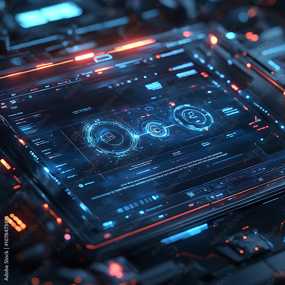 Poster futuristic interface displaying holographic data and search results, showcasing advanced technology 