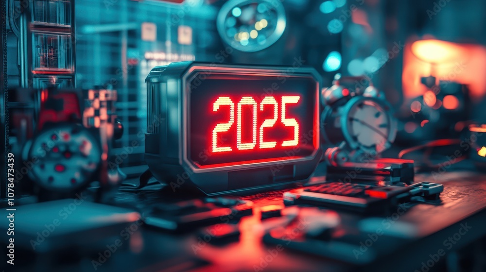 Aufkleber futuristic led clock displaying year 2025 surrounded by various technological gadgets and clocks in 