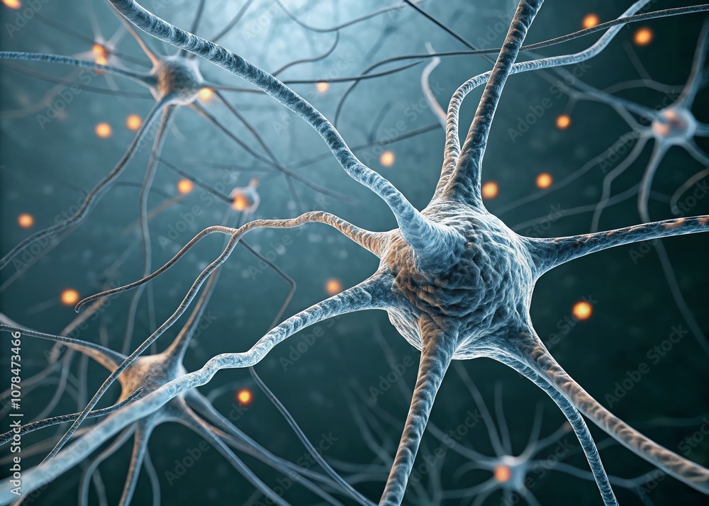 Poster close-up ai illustration of neurons, nerve nodes, and synapses in a neural network, capturing the in