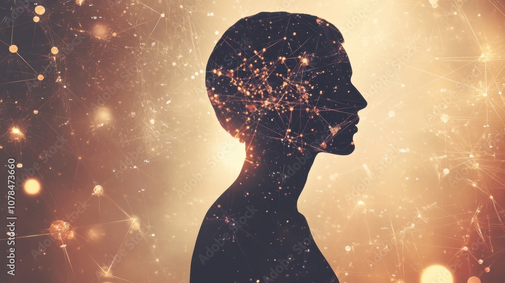Poster a human silhouette is illuminated by a backdrop of molecular designs and scientific diagrams, symbol