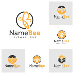 Set of Bee logo vector illustration. Line art Bee logo design concept template