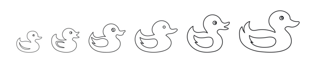 Set of Black outline illustration of six rubber ducks and ducklings in a row isolated on a white background. Concept of children's toys, bath time fun, simple design elements, cute animal icons