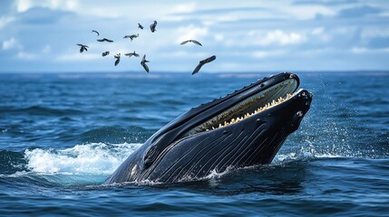 Fototapeta premium A humpback whale breaches the surface of the ocean, splashing water into the air.