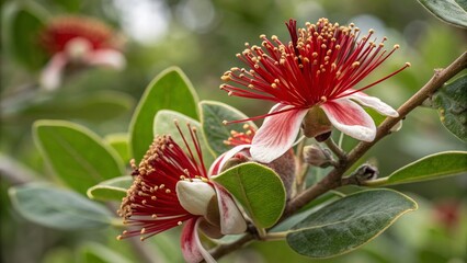 Close-up of a Beautiful Red Feijoa Flower Showcasing Its Vibrant Petals and Unique Structure, Set Against a Soft Green Background in a Natural Environment