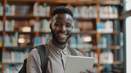 Smiling student using touchscreen device in a library