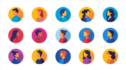 Profile icons of people in round avatars on colorful backgrounds