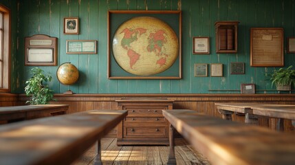 Vintage classroom with a world map and wooden furniture.