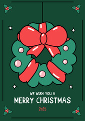 Hippie Groovy Christmas poster with spruce wreath garland vector illustration. Retro 60s 70s Xmas ornaments round frame Holiday season greeting postcard design