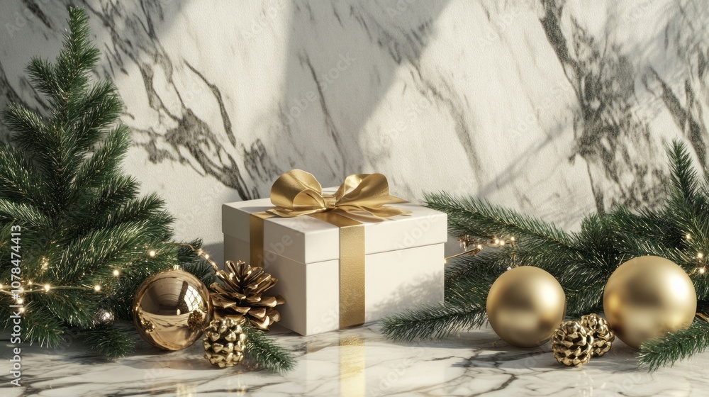 Poster a white box with a gold bow sits on a table next to a christmas tree