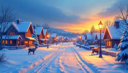Illustrator of snowy winter village at dusk with reindeer tracks and copy space