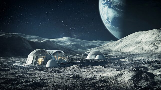 A futuristic lunar colony with domed structures on the moon's surface, featuring Earth in the background.