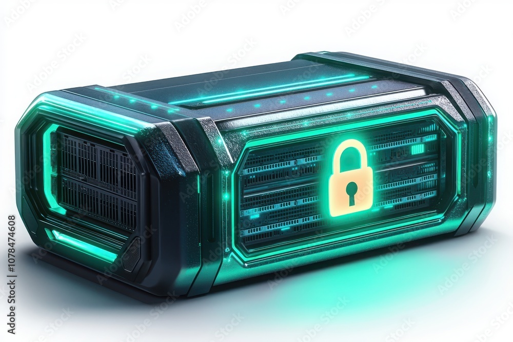 Poster explore the future of data security with a holographic display of a server featuring a glowing padlo