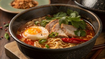 Closeup of a Delicious Egg in Spicy Tom Yum Instant Noodle Soup with Pork in a Hot Pot, Vintage Style Photography Capturing the Essence of Thai Cuisine