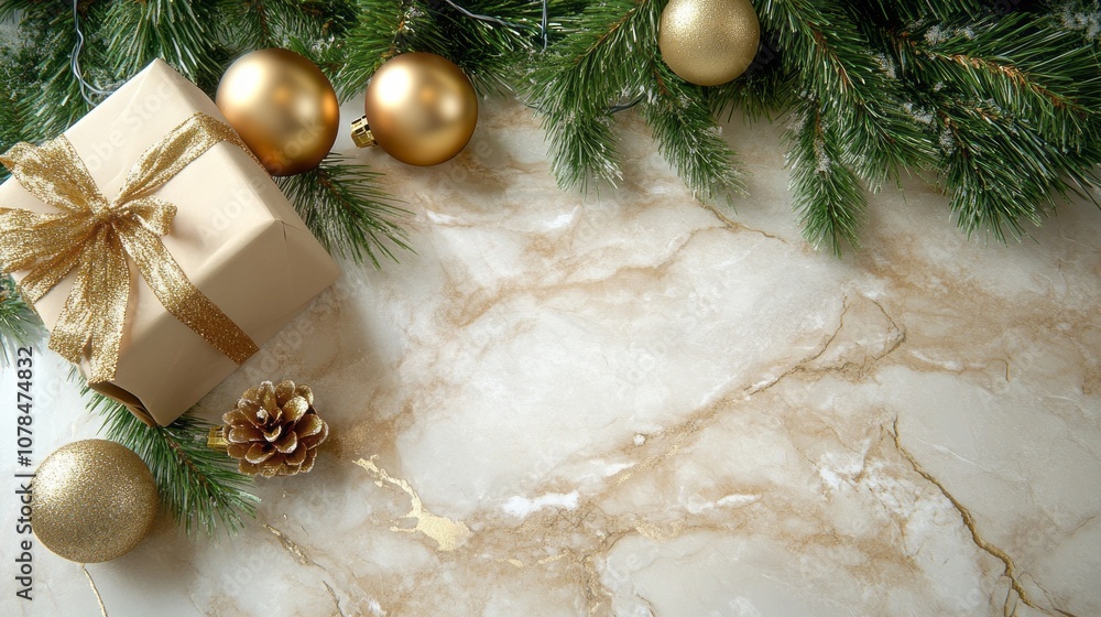 Poster a white marble countertop with a gold box and a pine cone on it