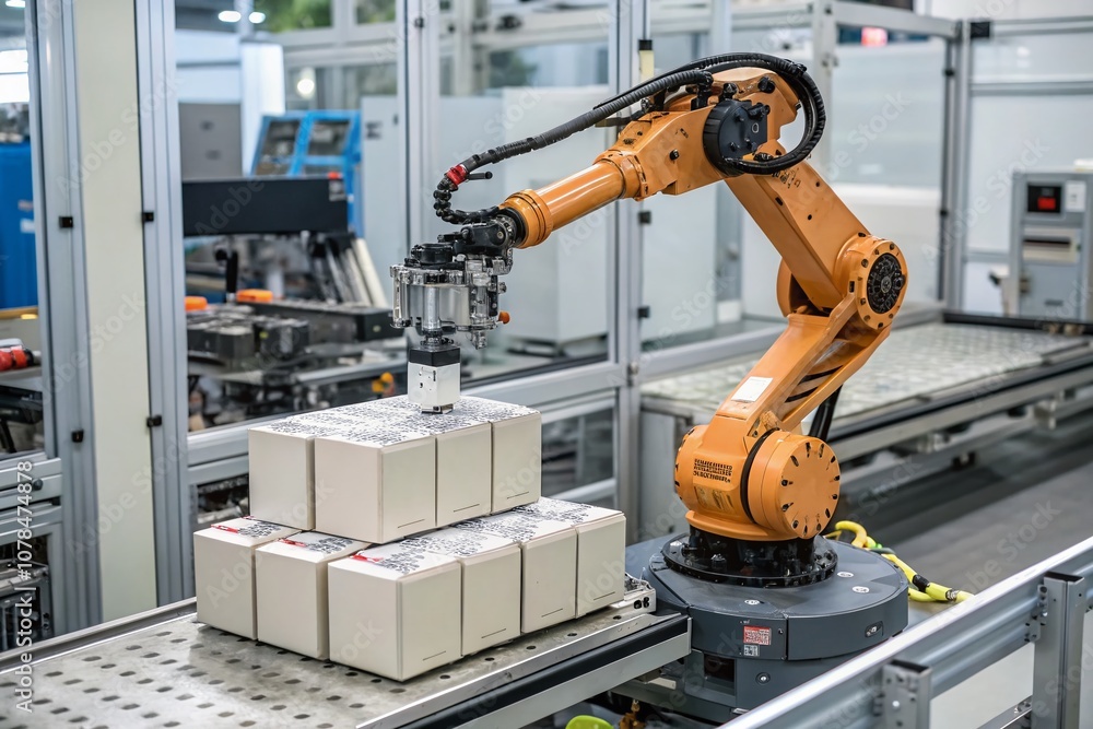 Poster close-up of a humanoid robot securely packaging and moving toxic materials with robotic arms in an i