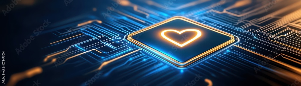 Poster heart on circuit board, symbol of technological affection and connection in the digital age