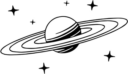Obraz premium Illustration of Saturn Planet with Rings and Stars - Black and White Vector Icon