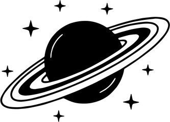 Illustration of Saturn Planet with Rings and Stars - Black and White Vector Icon
