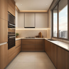 Modern Kitchen with Wooden Cabinets and Bright Windows