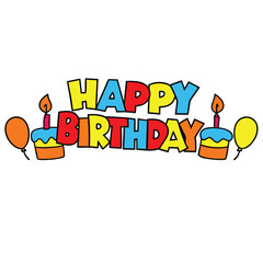 A birthday sign with a cake, candles, and balloons. The sign says Happy Birthday. The cake is on the left side of the sign, and the candles are on the right side